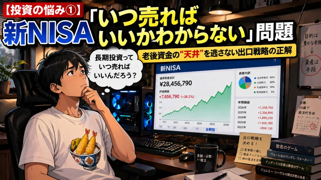 新NISAで運用益が伸びる中、いつ売ればいいか悩む個人投資家のイラスト｜長期投資の出口戦略と売り時の問題