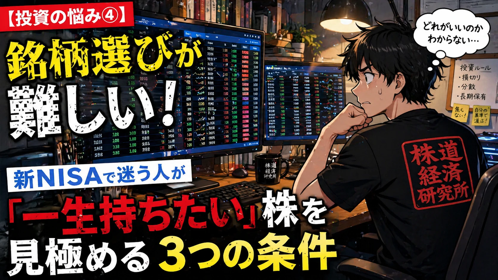 新NISAで銘柄選びに悩む初心者投資家のイラスト。複数モニターに個別株が並び、一生持ちたい株を見極める3つの条件を考えている様子
