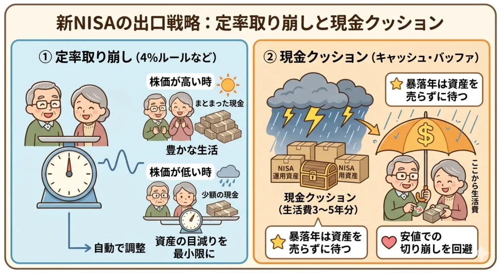 定率取り崩しと現金クッションの図解。株価が高い時は売却額が大きく、低い時は小さく自動調整される仕組み。さらに暴落時は現金クッションを使い、資産を取り崩さずに守る様子。