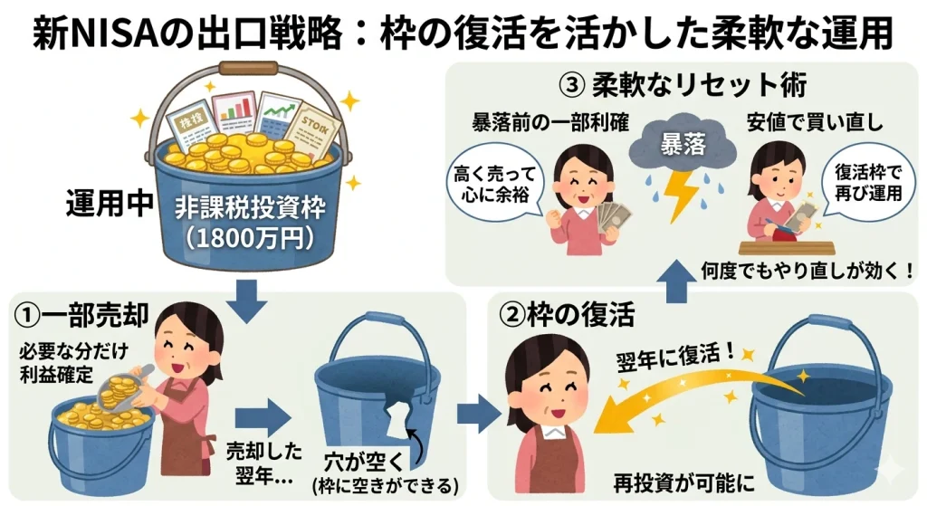 新NISAの枠復活の仕組みを示す図解。バケツ（非課税投資枠）から一部を売却して生活費に充てると枠に空きができるが、翌年その分が自動的に復活し、再投資が可能になる循環図。