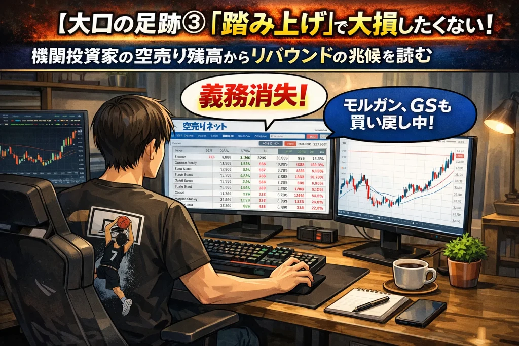自宅トレーディングルームで空売り残高を分析する個人投資家。踏み上げによるリバウンドの兆候を示しているイメージ