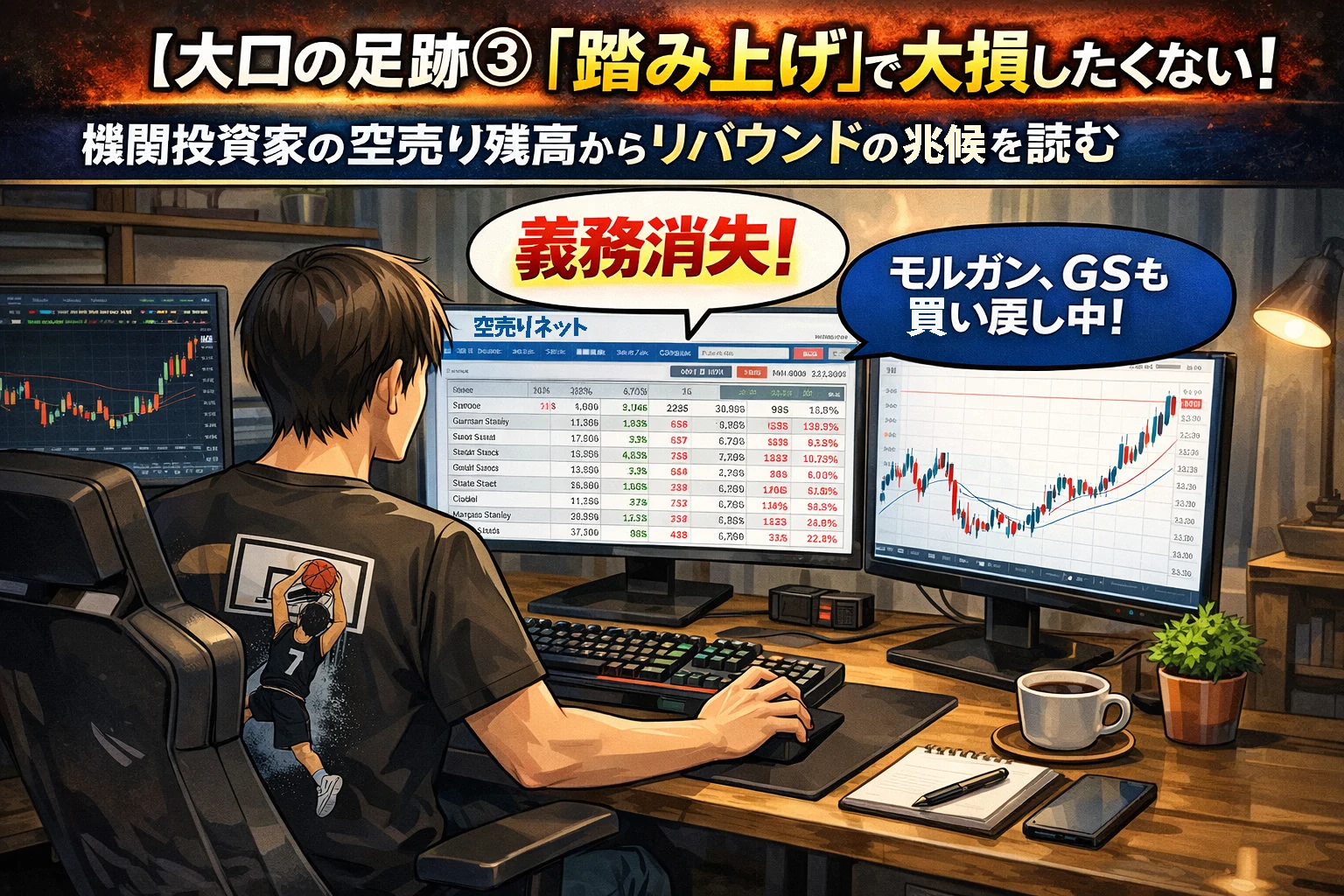 自宅トレーディングルームで空売り残高を分析する個人投資家。踏み上げによるリバウンドの兆候を示しているイメージ