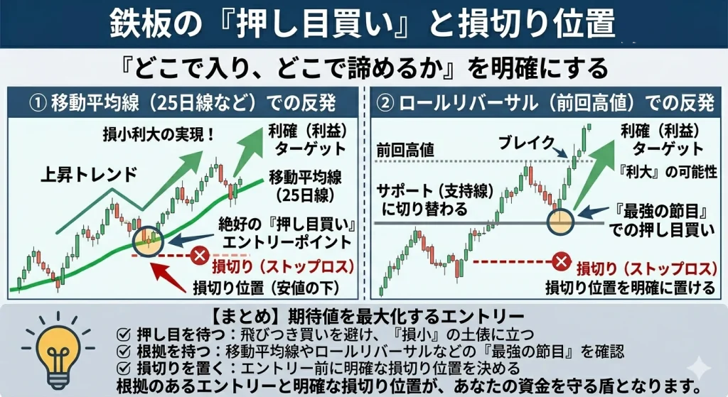 上昇トレンドにおける移動平均線やロールリバーサルを活用した押し目買いのエントリーポイントと、安値のすぐ下に設定する損切り位置の解説図。損小利大を視覚化したトレードシナリオ。