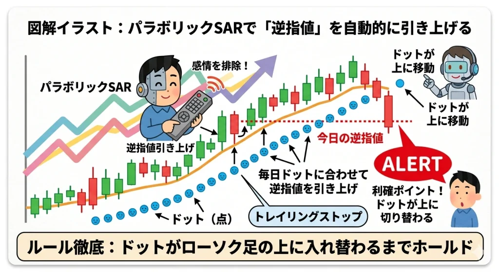 パラボリックSARのドットに合わせて逆指値を毎日引き上げるトレイリングストップの仕組みを解説する図解。ドットがローソク足の上に入れ替わった瞬間を利確ポイントとする。