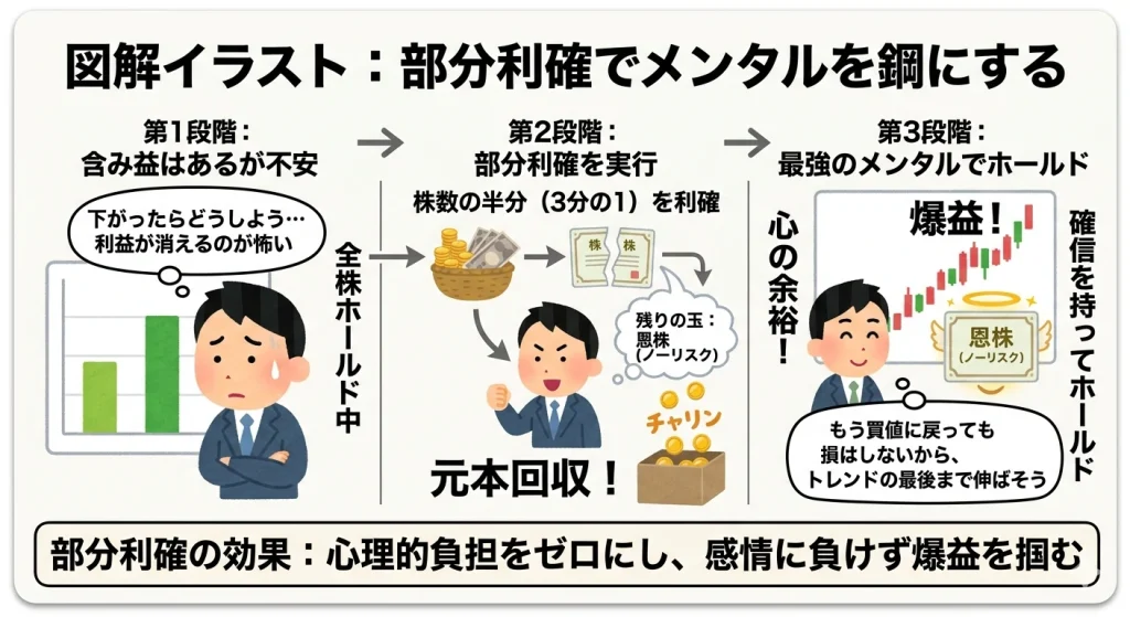 部分利確（分割決済）によって元本を回収し、残りの保有株を「恩株」としてリラックスしてホールドする仕組みを解説する図解。