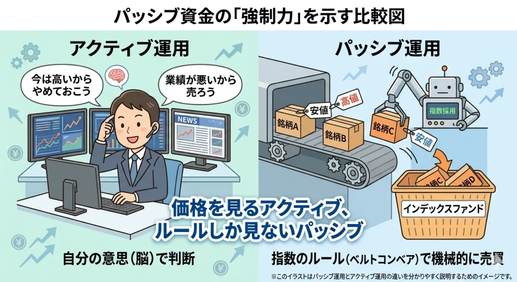 価格を見るアクティブ、ルールしか見ないパッシブ」というキャッチコピーの比較図。パッシブ運用（インデックスファンド）が指数の採用・除外ルールに従って、価格に関わらず機械的に銘柄を売買する強制力のメカニズムを解説しています。