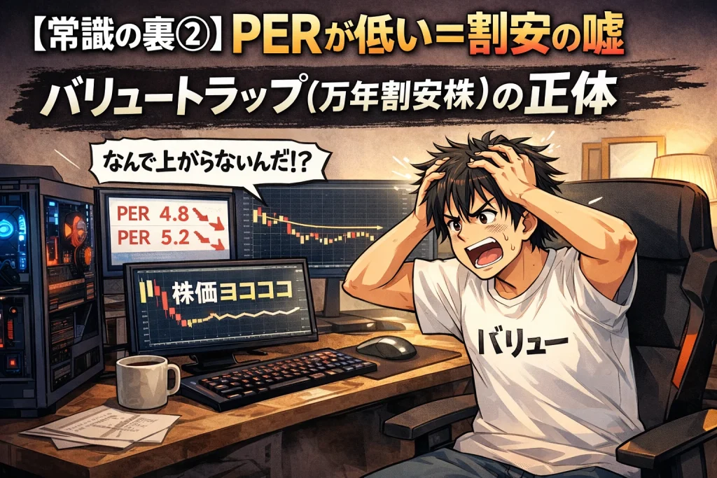 低PERで割安だと思った株が上がらず悩む個人投資家のイラスト（バリュートラップのイメージ）