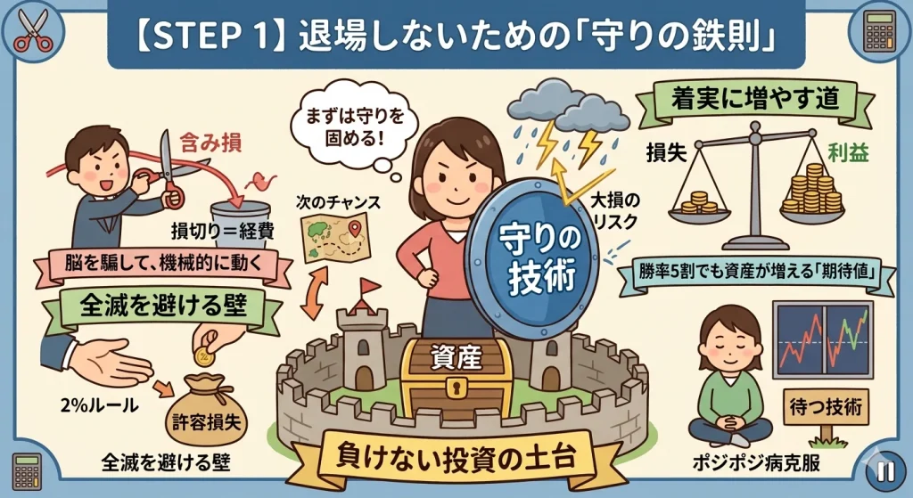 負けない投資の土台を作る「守りの鉄則」4ステップ（損切り・2%ルール・期待値・ポジポジ病克服）のまとめ図解イラスト