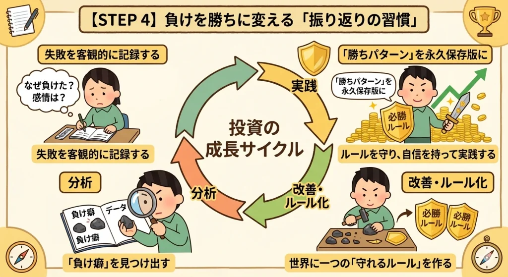 負けを勝ちに変える「振り返りの習慣」を解説するまとめ図解イラスト。投資日記の記録、負け癖の分析、必勝ルールの構築、実践と成功という成長サイクルを表現。