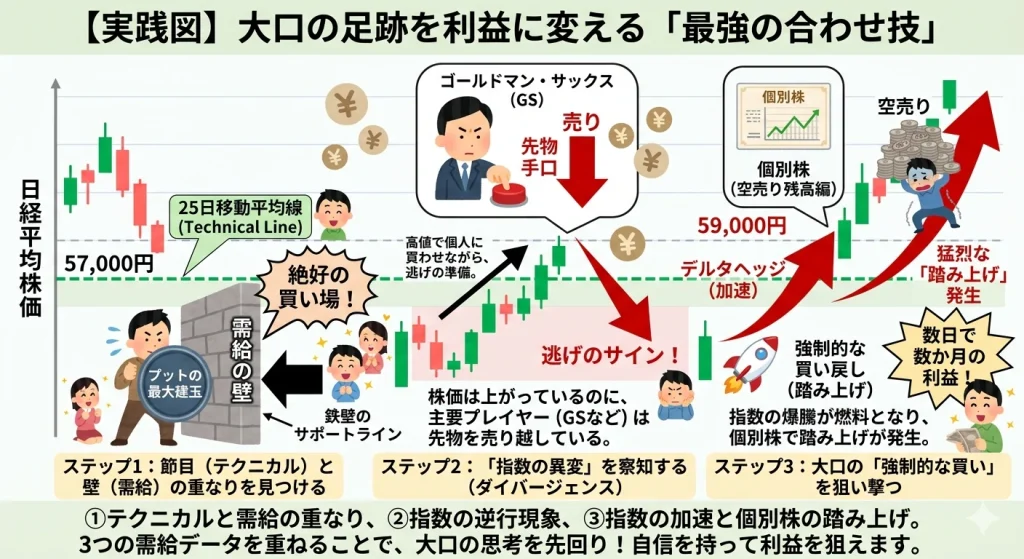 チャートと需給データを組み合わせた実践的な先回り術の図解。テクニカルの節目とオプションの壁の重なり、株価と先物手口の逆行現象（ダイバージェンス）、指数の急騰を利用した個別株の踏み上げ狙いの3ステップを解説。