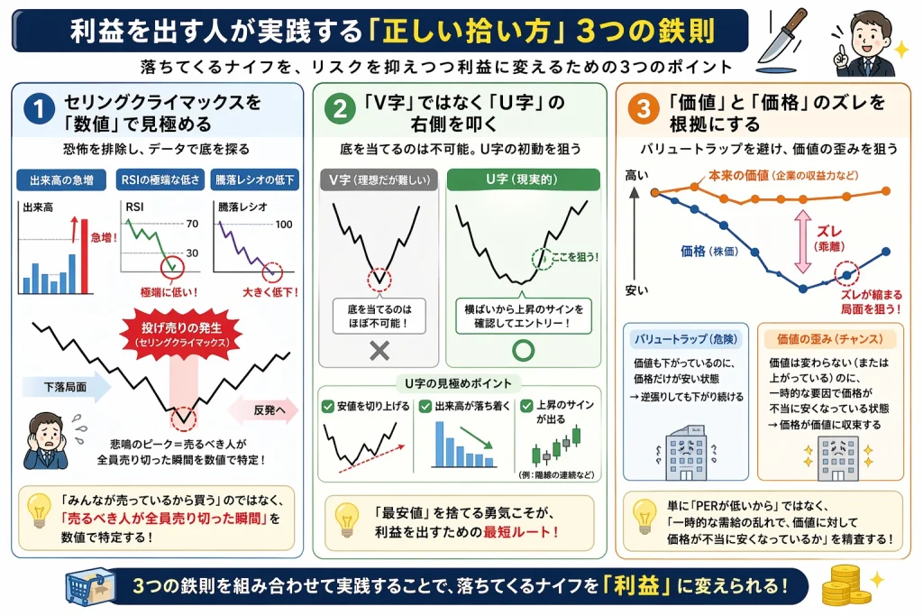落ちてくるナイフを利益に変えるための3つの鉄則」を解説した日本語インフォグラフィック。