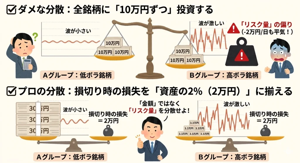 「金額による分散」と「リスク量による分散」を比較した図。同じ10万円ずつの投資でもボラティリティが高い銘柄にリスクが偏る罠を警告し、損切り時の損失額（2%ルール）を基準に投資配分を調整するプロの分散手法を解説しています。