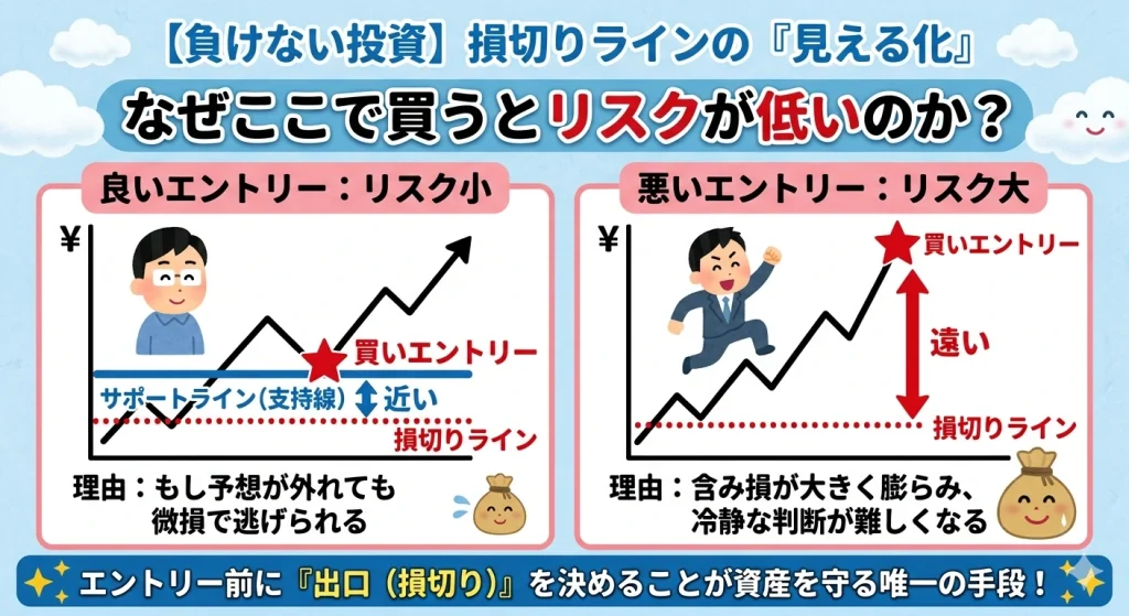 買い注文を出す前に損切り位置を決める重要性の図解。エントリーポイントから損切りラインまでの「距離」がリスクの大きさを決めることを示しています。
