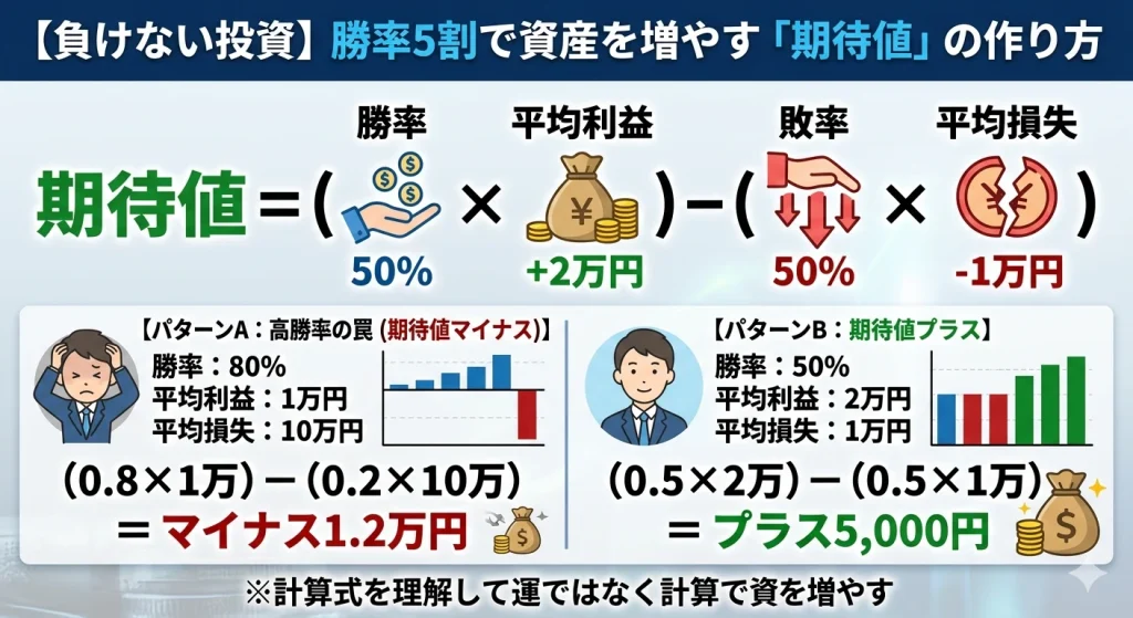 投資の「期待値」を計算する数式と、2つのパターンを比較したインフォグラフィック。勝率よりもリスクリワードが重要であることを視覚的に解説しています。