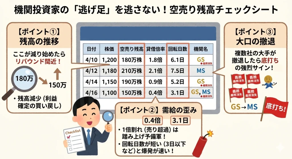 空売り残高からリバウンドの兆候を読み取る3つのチェックポイント図解。残高の推移、貸借倍率と回転日数による需給の歪み、機関投資家の義務消失（撤退サイン）をデータ表形式で解説。