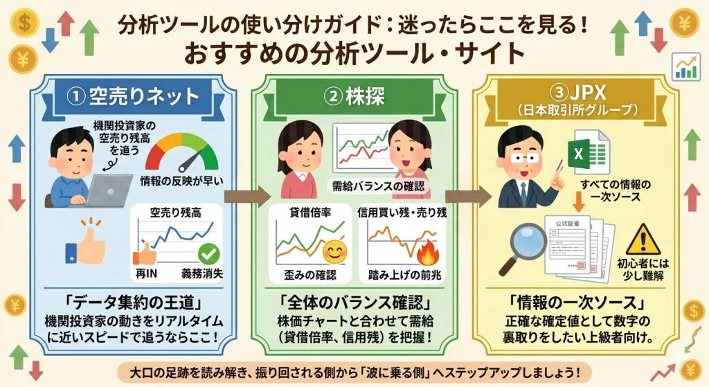 空売り分析に欠かせない3つのおすすめツール比較図解。機関投資家の動きを追う「空売りネット」、需給バランスを確認する「株探」、一次ソースを確認する「JPX（日本取引所グループ）」のそれぞれの特徴と活用シーンを解説。