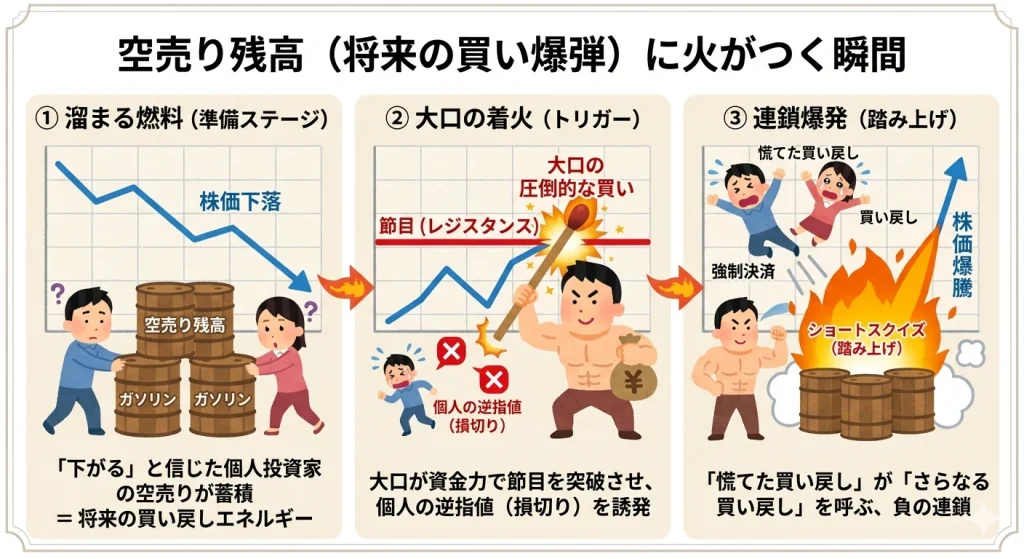 空売り残高による「踏み上げ（ショートスクイズ）」のメカニズムを図解。個人投資家の空売りが将来の買い燃料となり、大口投資家の仕掛けによって連鎖的な株価急騰（リバウンド）が起きる仕組み。