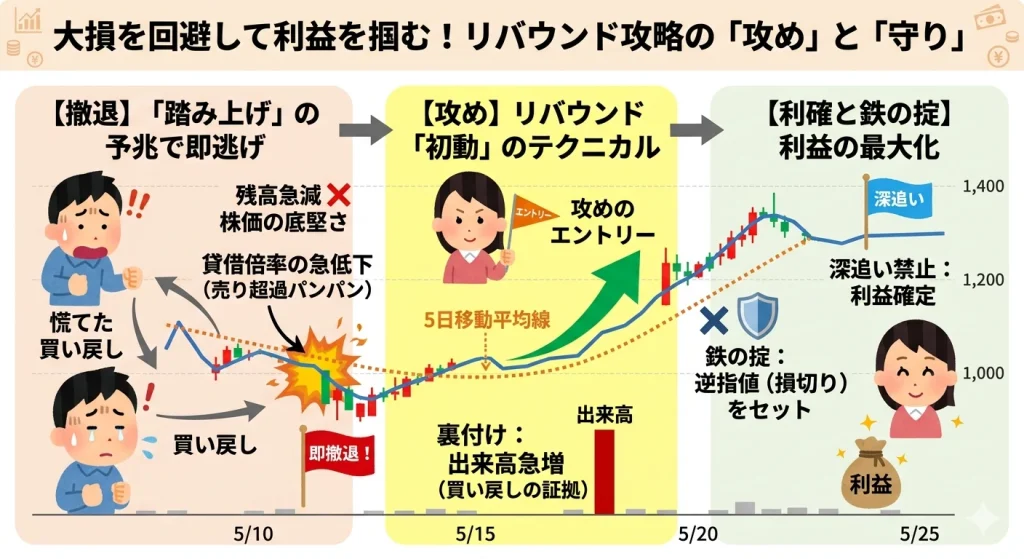 踏み上げ相場でのリバウンド攻略マップ。空売り撤退のサイン（残高急減・底堅さ）、買いのエントリー条件（5日移動平均線上抜け・出来高急増）、そして損切り設定（逆指値）と利確のポイントを時系列チャートで解説。