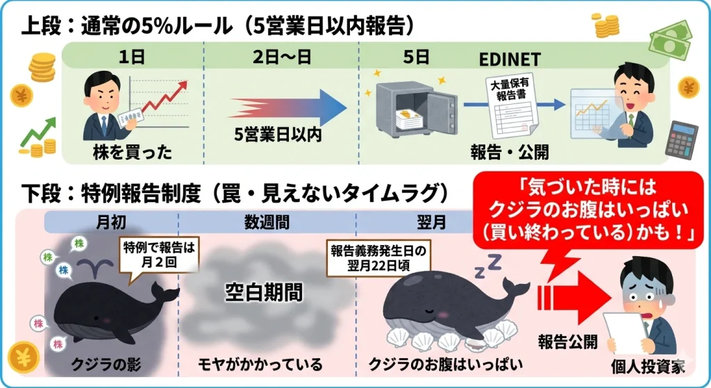 株の特例報告制度（5%ルール）の注意点。機関投資家の報告漏れやタイムラグにより、大量保有報告書が出た時にはすでにクジラが買い集めを完了している罠を解説したイラスト。