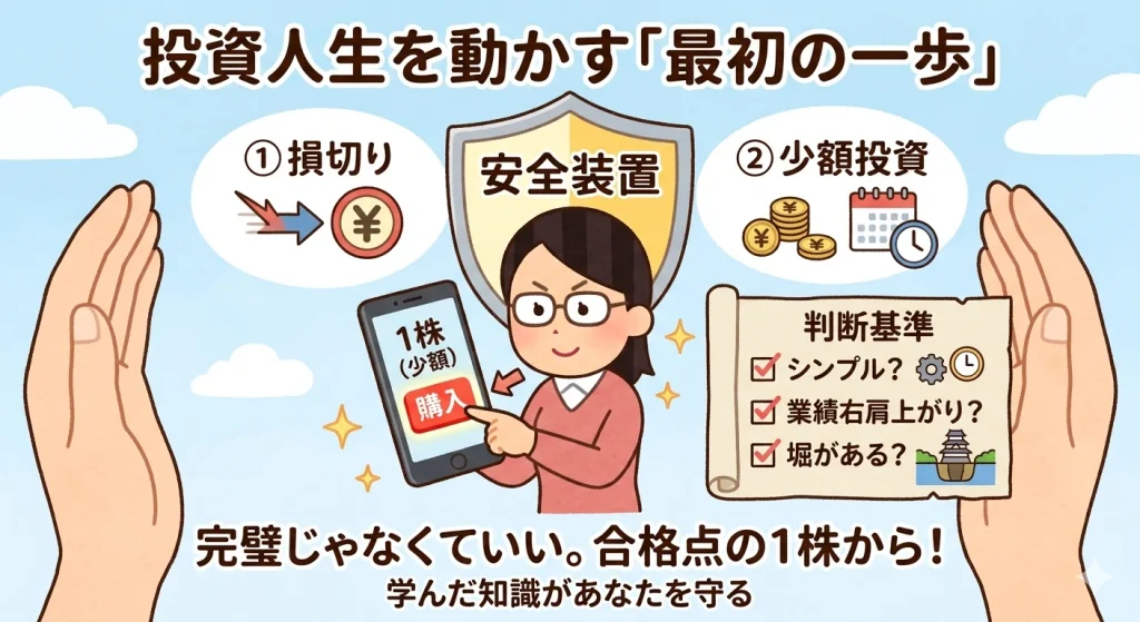 投資の第一歩を後押しする図解。損切りルールや少額投資という安全装置を備え、完璧主義を捨てて1株から始める大切さを表現。