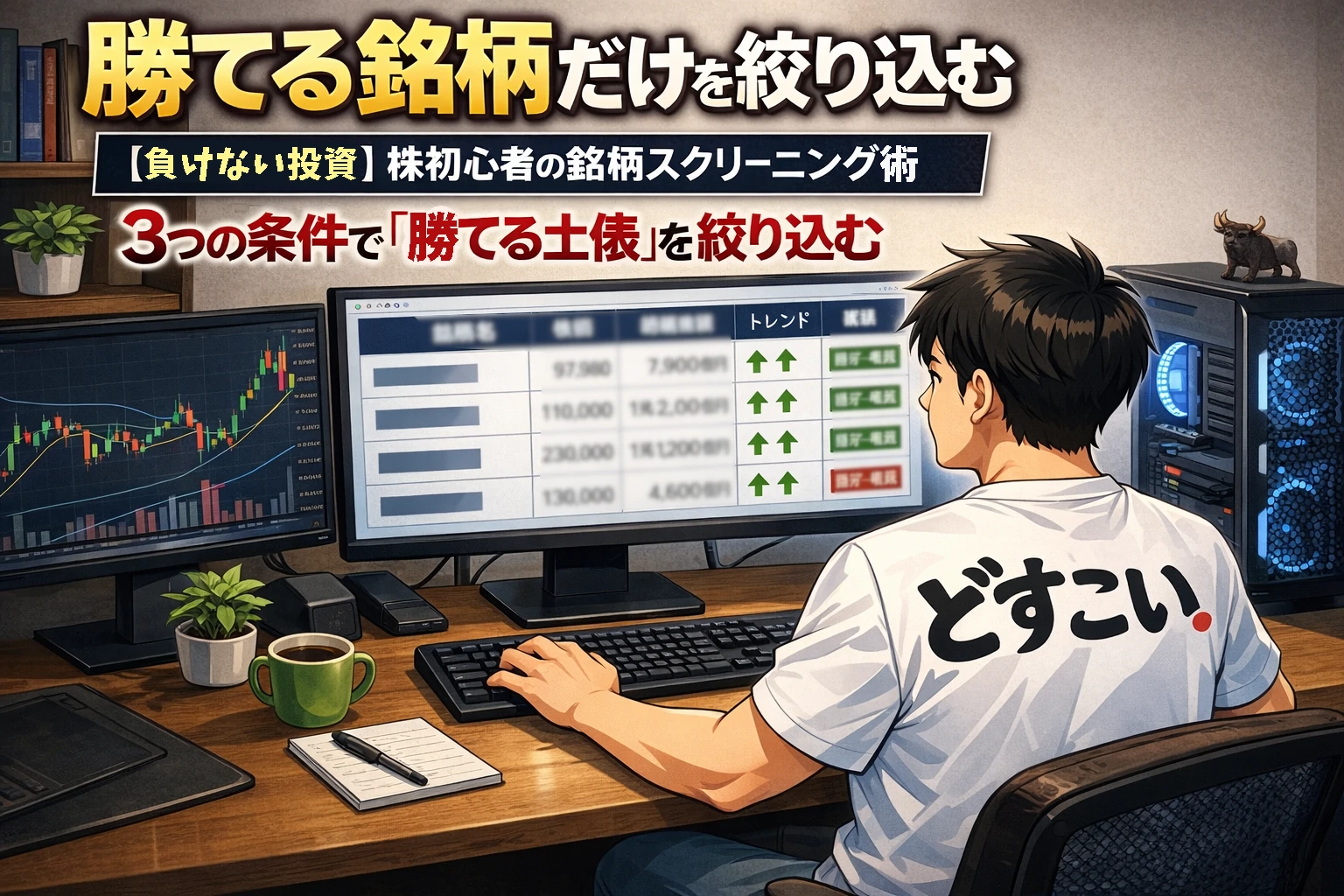 自宅の部屋で自作デスクトップPCを使い株のスクリーニングを行う男性投資家