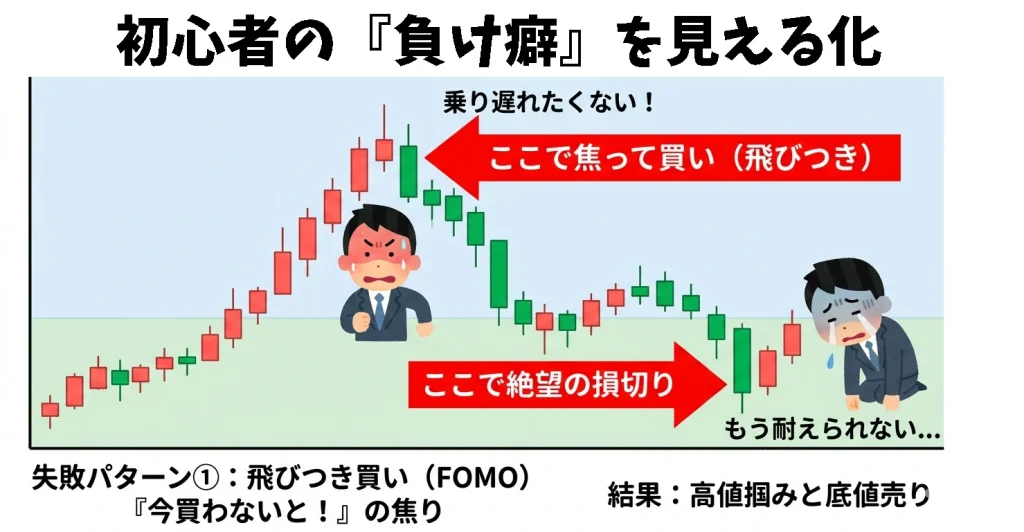 株のチャート図で、急騰時に焦って買い、急落時に絶望して損切りする初心者のイラスト