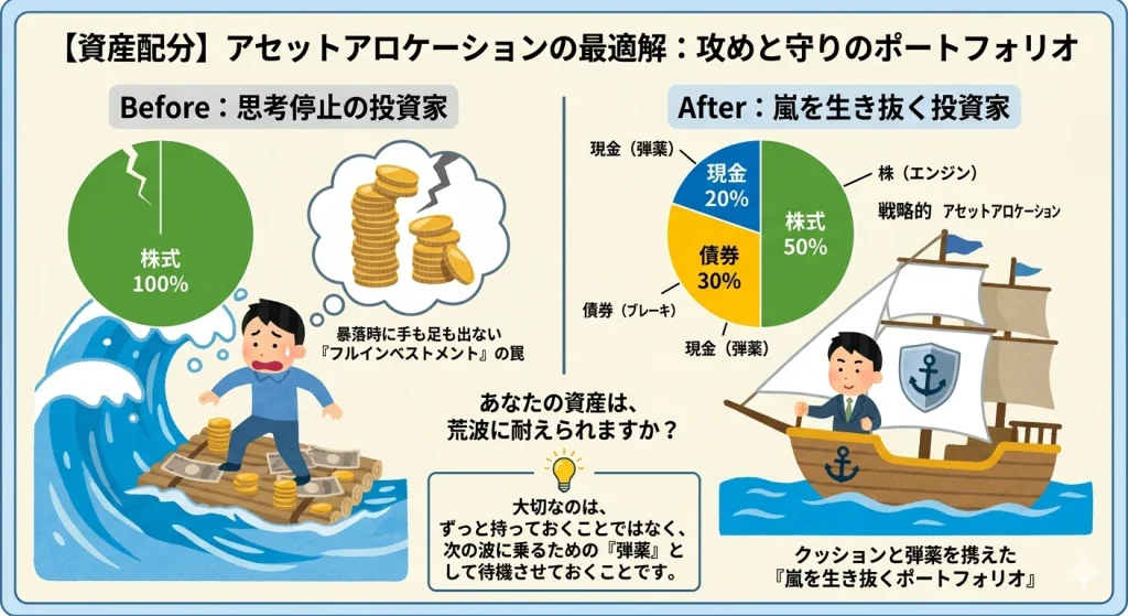アセットアロケーションの比較図解。左側は株式100%で荒波に翻弄される「思考停止」の投資家、右側は債券と現金を組み込み安定した船で進む「嵐を生き抜く」投資家を描き、戦略的な資産配分の重要性を視覚化している。