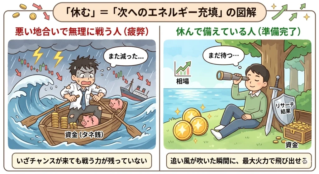 「休むも相場」の戦略的価値を説明する比較イラスト。待つことが将来の利益最大化につながることを表現しています。