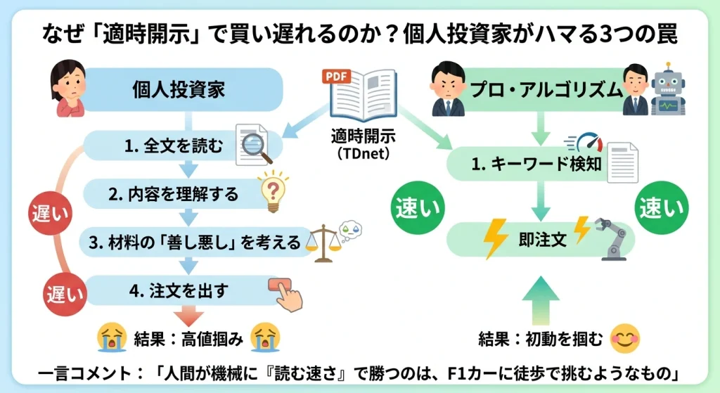 適時開示（TDnet）における個人投資家とプロ・アルゴリズムの注文フロー比較図。個人は精読して遅れるのに対し、プロはキーワード検知で即注文し初動を掴む様子を解説。