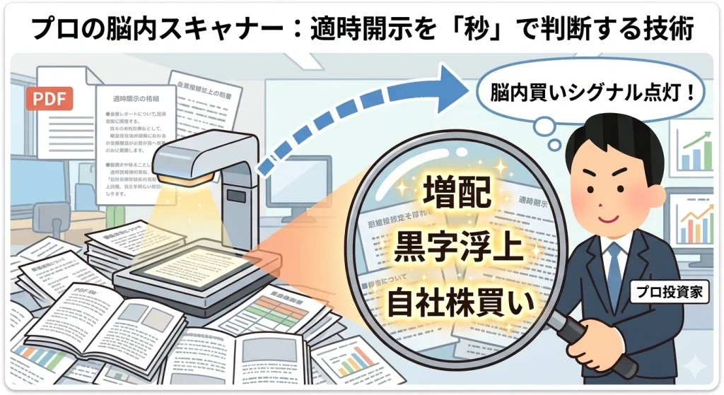 適時開示の山からプロが勝負キーワードをスキャンする様子。増配、黒字浮上、自社株買いなどの文字が光り、瞬時に買い判断を行うイメージ図。