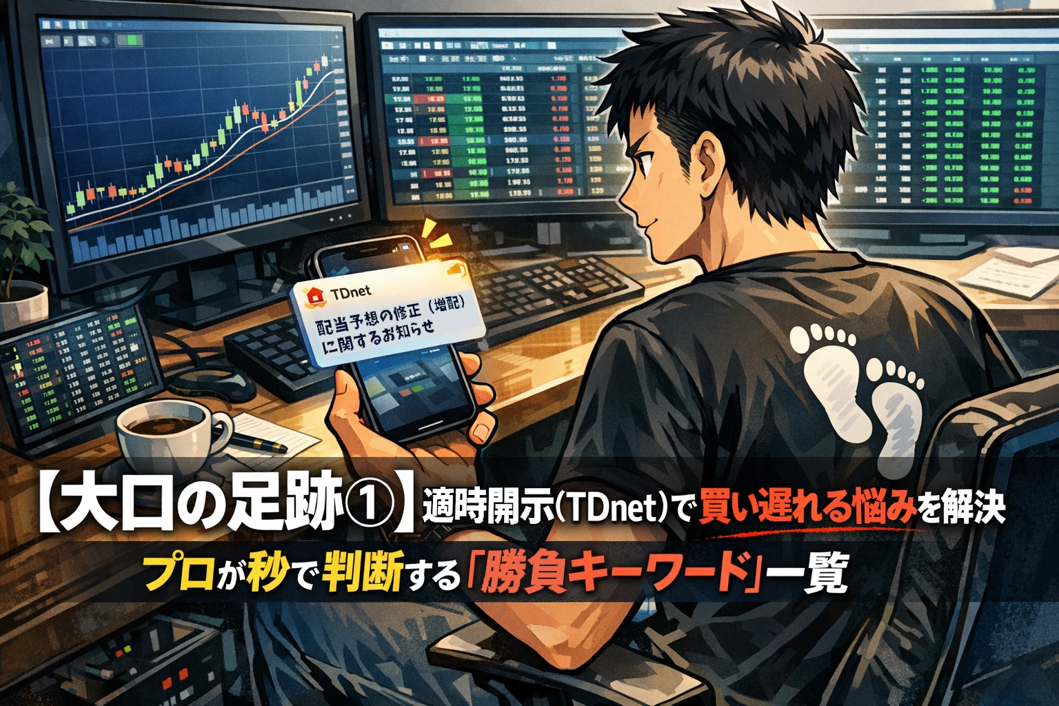 適時開示（TDnet）の増配ニュースをスマホで受信し、板情報を見ながら即判断するデイトレーダーのイメージ