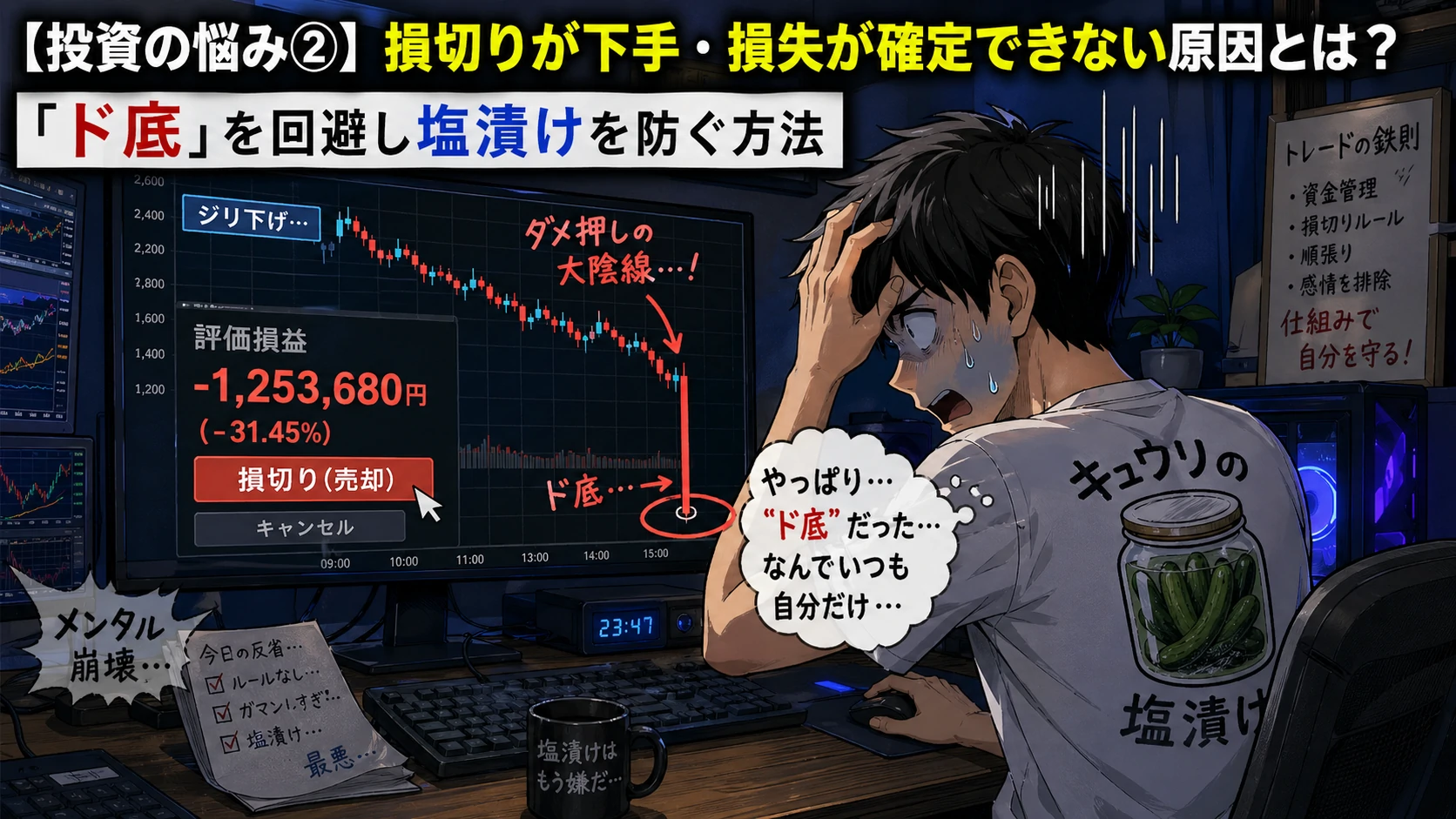損切りできない原因を示すイメージ：ジリ下げ後の大陰線でド底損切りする個人投資家と含み損チャート（塩漬け株のイメージ）