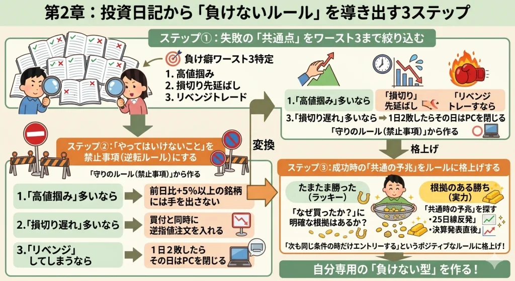 投資日記から自分専用の「負けないルール」を作る3ステップの図解。ステップ1:負け癖の特定、ステップ2:禁止事項(守りのルール)への変換、ステップ3:成功体験のルール格上げという一連の流れを解説したイラスト。