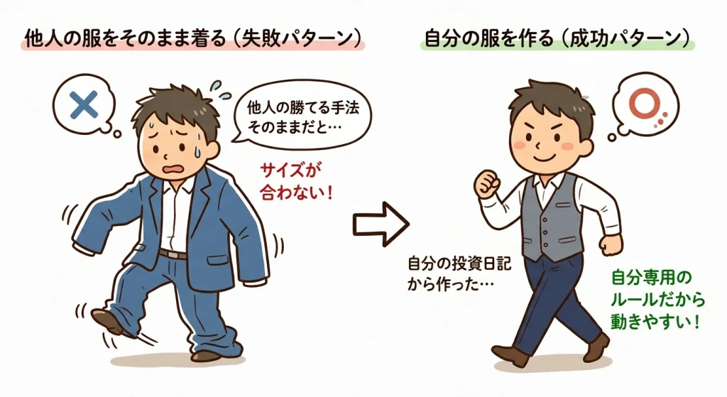 「他人の服をそのまま着る(失敗パターン)」と「自分の服を作る(成功パターン)」の比較比喩イラスト。