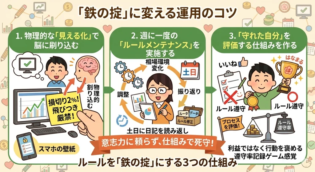 投資ルールを「鉄の掟」に変える運用のコツの図解。1.モニターへの付箋やスマホ壁紙での「見える化」、2.週末の「ルールメンテナンス」、3.利益ではなくルール遵守率を評価する仕組みの3項目を解説したイラスト。
