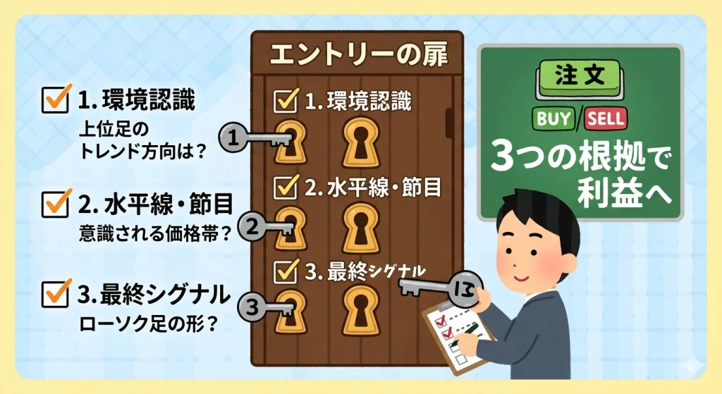 エントリーの3つの根拠チェックリスト。環境認識・節目・シグナルの鍵が揃う図解。
