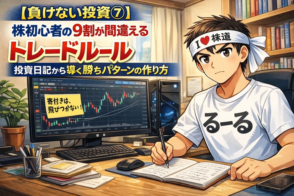 トレードルールを考える漫画風イラスト。自作PCのモニターに「寄付きは飛びつかない」のメモを貼っている。