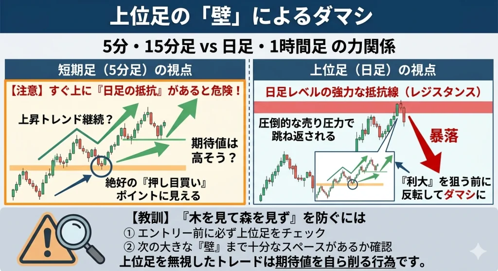 短期足(5分足)の絶好の押し目買いポイントが、上位足(日足)の強力な抵抗線によってダマシとなる様子を比較した図解。マルチタイムフレーム分析で期待値を守る重要性を解説。