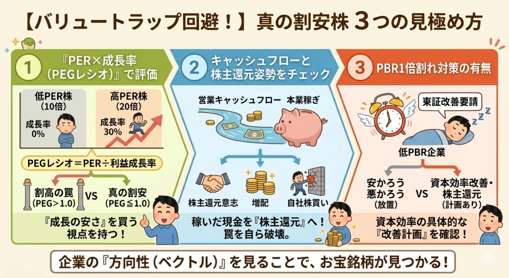 バリュートラップを回避し「真の割安株」を見極めるための3つのステップ（PEGレシオ、キャッシュフローと株主還元、PBR1倍割れ対策）を示したロードマップ図解。
