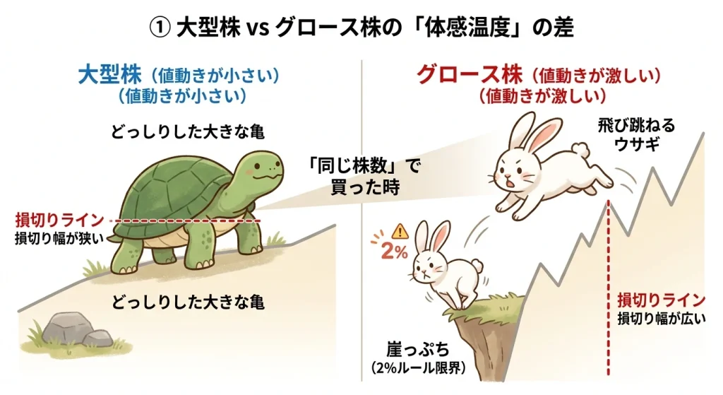 ボラティリティによる銘柄の性格差を亀（大型株）とウサギ（グロース株）で比較した図。同じ株数でも、ボラティリティが高いウサギの銘柄は2%ルールの損切りラインが深く、崖っぷち（リスクが高い）の状態であることを示しています。
