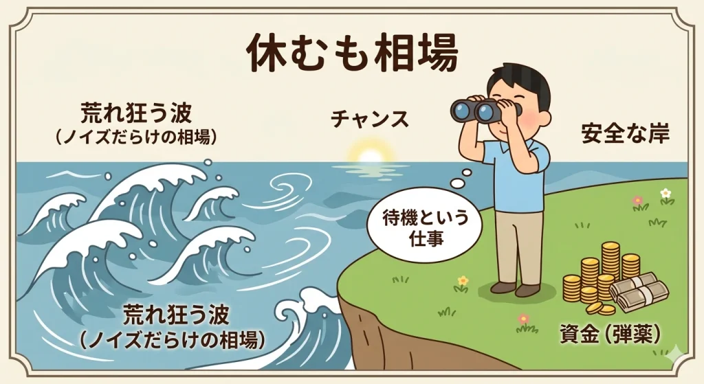 格言「休むも相場」の真意。荒波の相場を岸から見守り、資金を温存してチャンスを待つ投資家の図解。