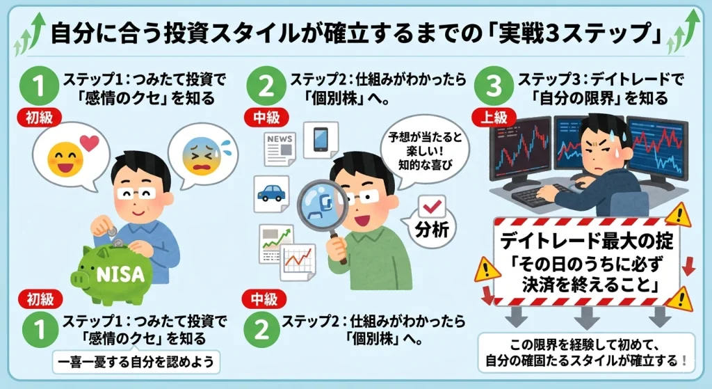自分に合う投資スタイルを確立するための実戦3ステップ図解。デイトレード最大の掟として「その日のうちに必ず決済を終えること」という注意書きが強調されている画像。