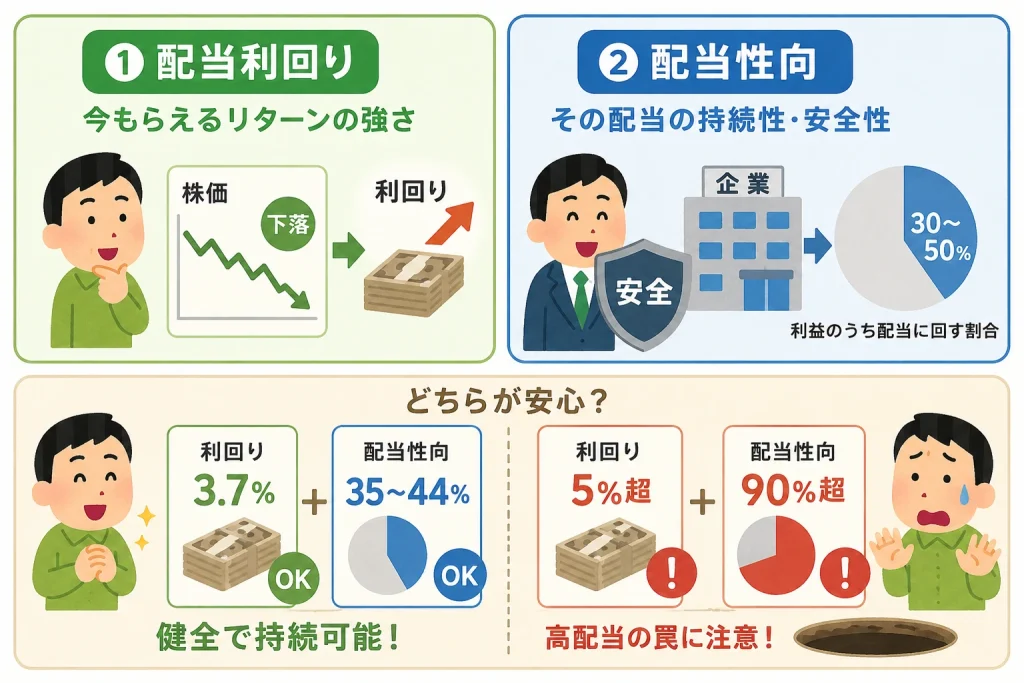 配当利回りと配当性向の違いを図解したイラスト