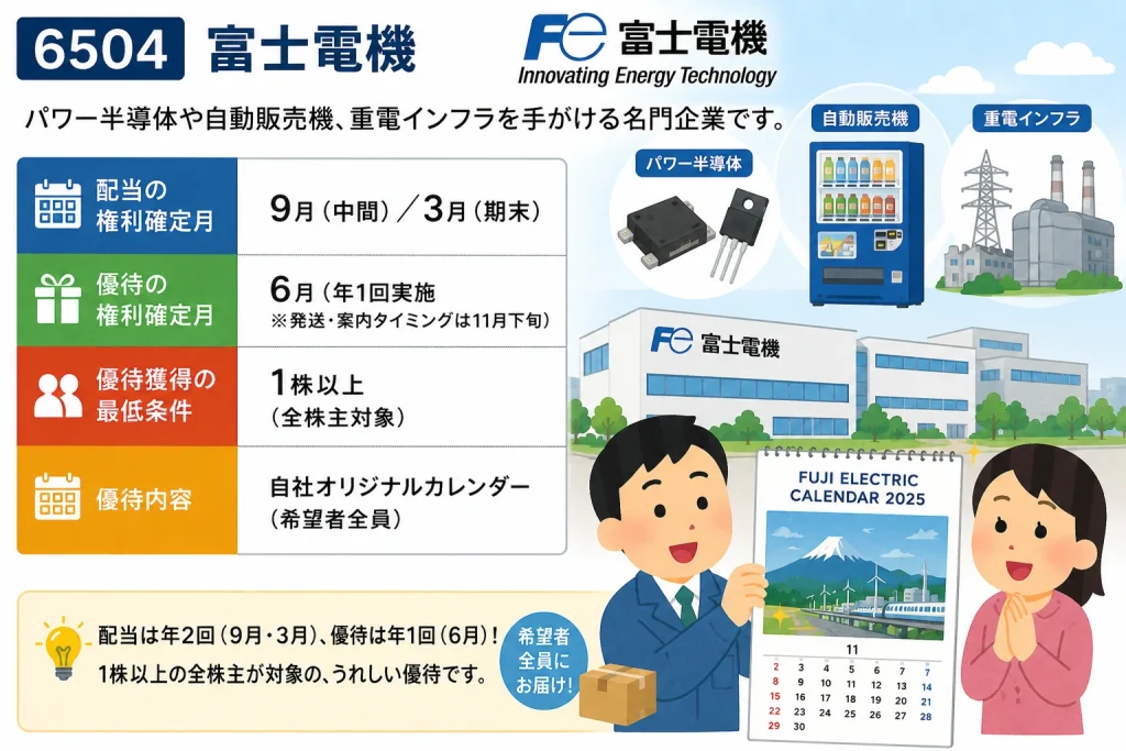 富士電機(6504)の株主優待をイメージしたイラスト。自動販売機やパワー半導体、重電インフラを背景に、オリジナルカレンダー優待に喜ぶ投資家風キャラクターが描かれている。
