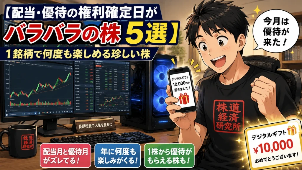 配当と株主優待の権利確定日がバラバラな日本株5選を紹介する記事の画像。自宅のトレーディングルームで、デジタルギフト優待に喜ぶ個人投資家のイラスト。