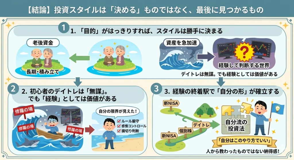 投資スタイルは実戦の最後に見つかるという結論を描いた3パートの図解。