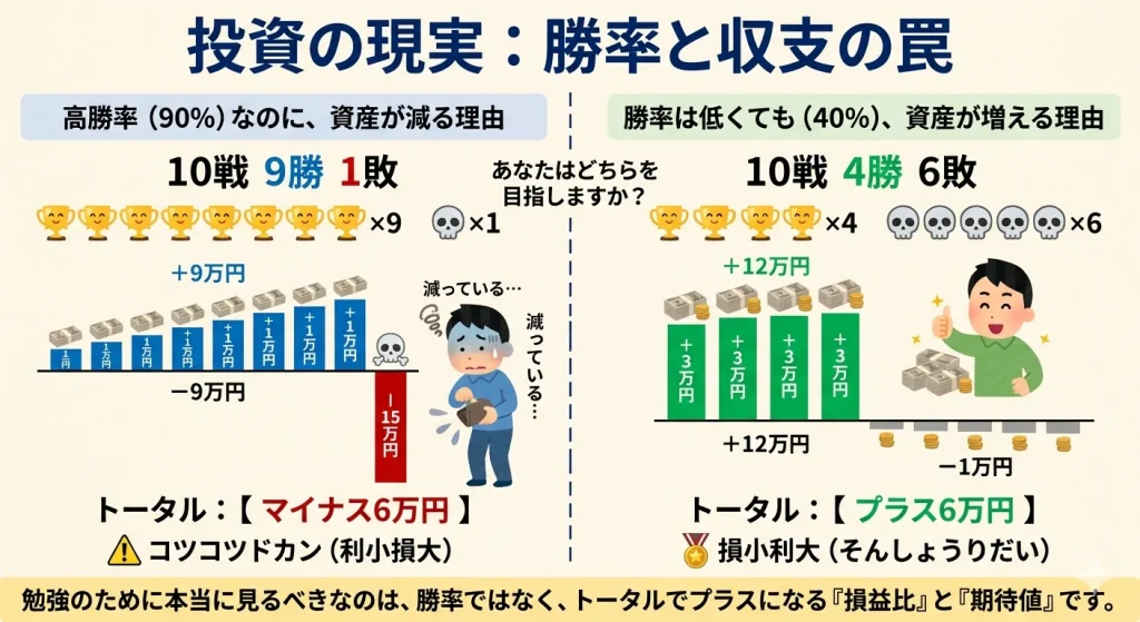 投資における勝率90%でトータル損失が出る「コツコツドカン」のモデルと、勝率40%でトータル利益が出る「損小利大」のモデルを比較した図解