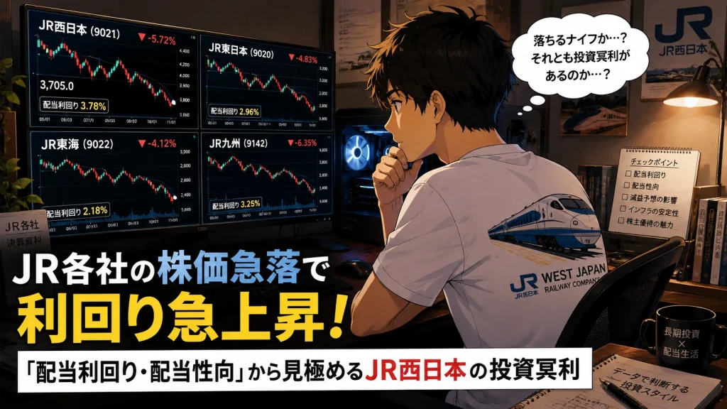 JR各社の株価急落を見ながら投資冥利を考える個人投資家のイラスト