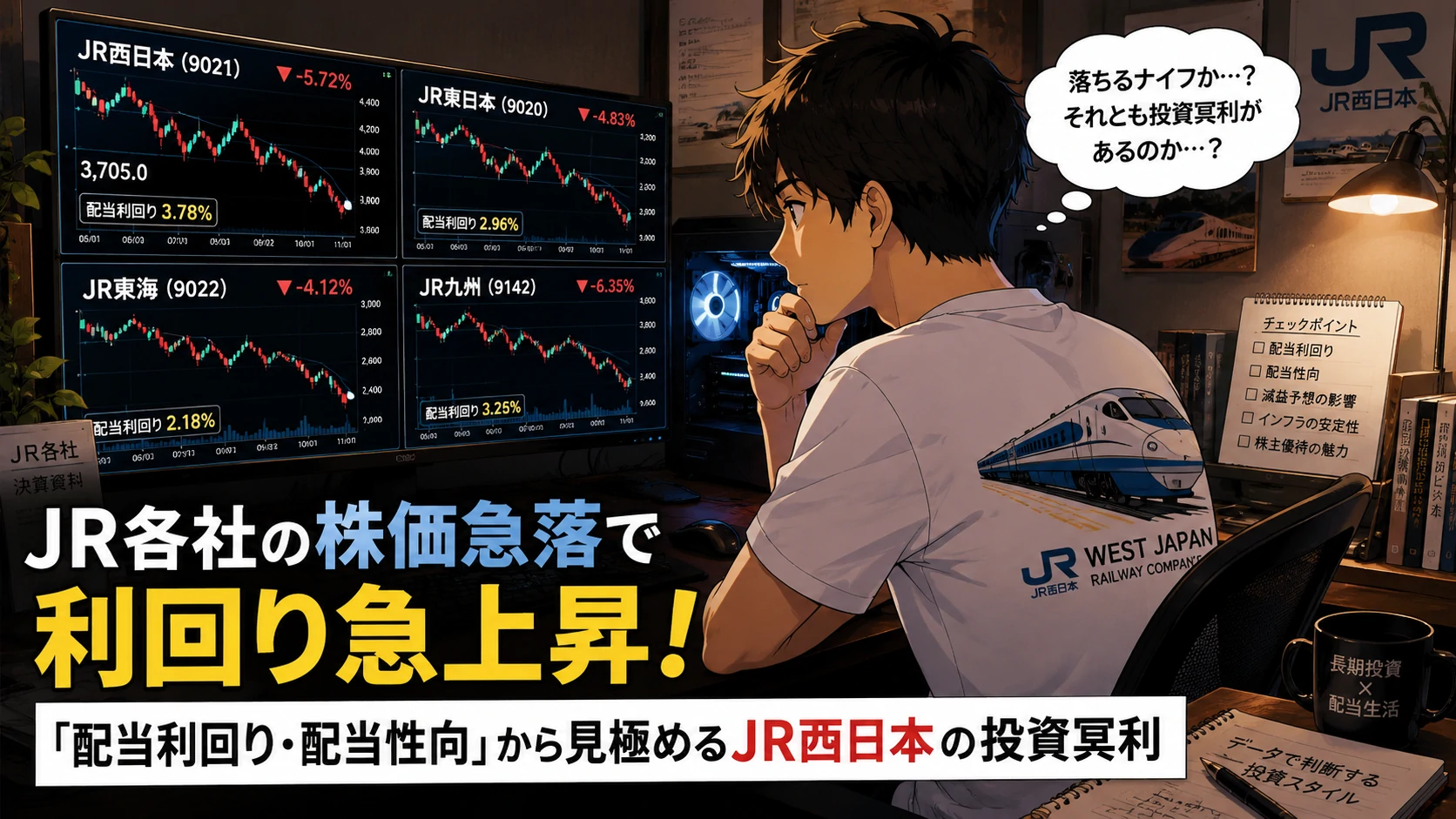 JR各社の株価急落を見ながら投資冥利を考える個人投資家のイラスト