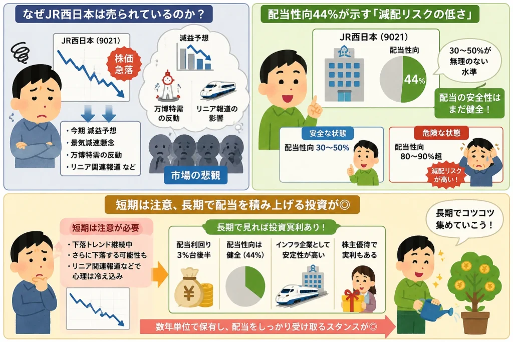 JR西日本の急落と高配当を分析する個人投資家のイラスト